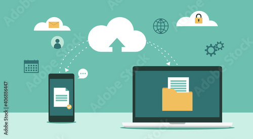 Cloud computing technology network with laptop and smartphone sharing information and data in database with business icon, vector flat illustration