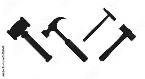 Hammer silhouette vector set. Several hammers for various purposes. Judge gavel, auction gavel, carpenter hammer, shoemaker and sledgehammer.