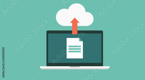 Laptop computer uploading file data and information on cloud computing technology network storage room, online device, vector flat illustration