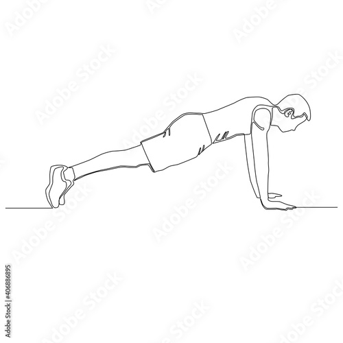 Continuous  line of man push up exercise vector. preparing for pushing up.
