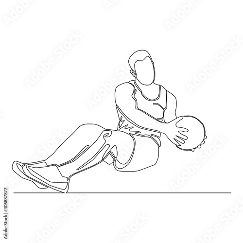 Continuous drawing line of man doing Russian twist. Russian twist movement with the medicine ball exercise vector