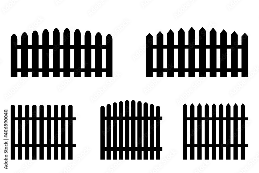 Black fence in rustic style. Sections of different fences. Black parts of inclosure. Stock image. EPS 10. Black fence in rustic style. Sections of different fences. Black parts of inclosure. Stock image. EPS 10.