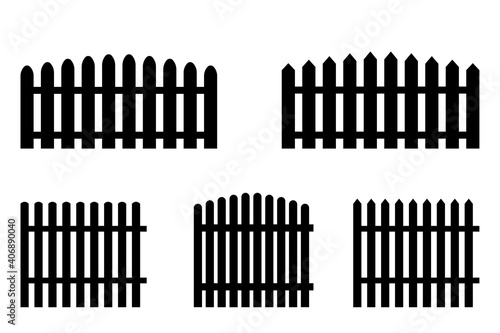 Black fence in rustic style. Sections of different fences. Black parts of inclosure. Stock image. EPS 10.