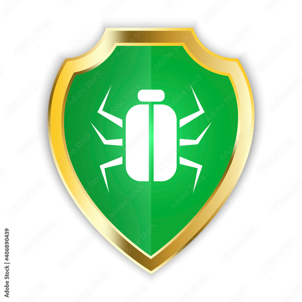 Green shield with a spider. Protection symbol. Data secure. Computer technology. Stock image. EPS 10. Green shield with a spider. Protection symbol. Data secure. Computer technology. Stock image. EPS 10.