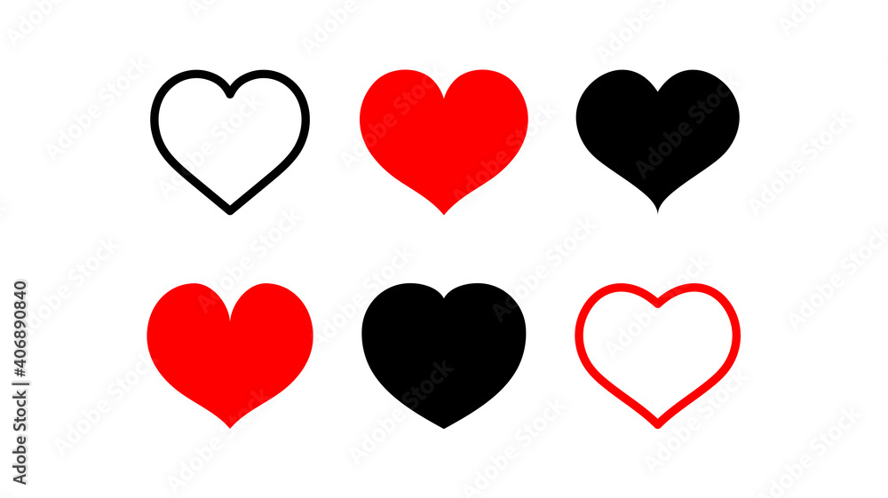 Heart icons. Collection of red and black hearts shape design isolated on white background. Love symbol. Graphic elements for card decoration.  Concept of love. Vector illustration.