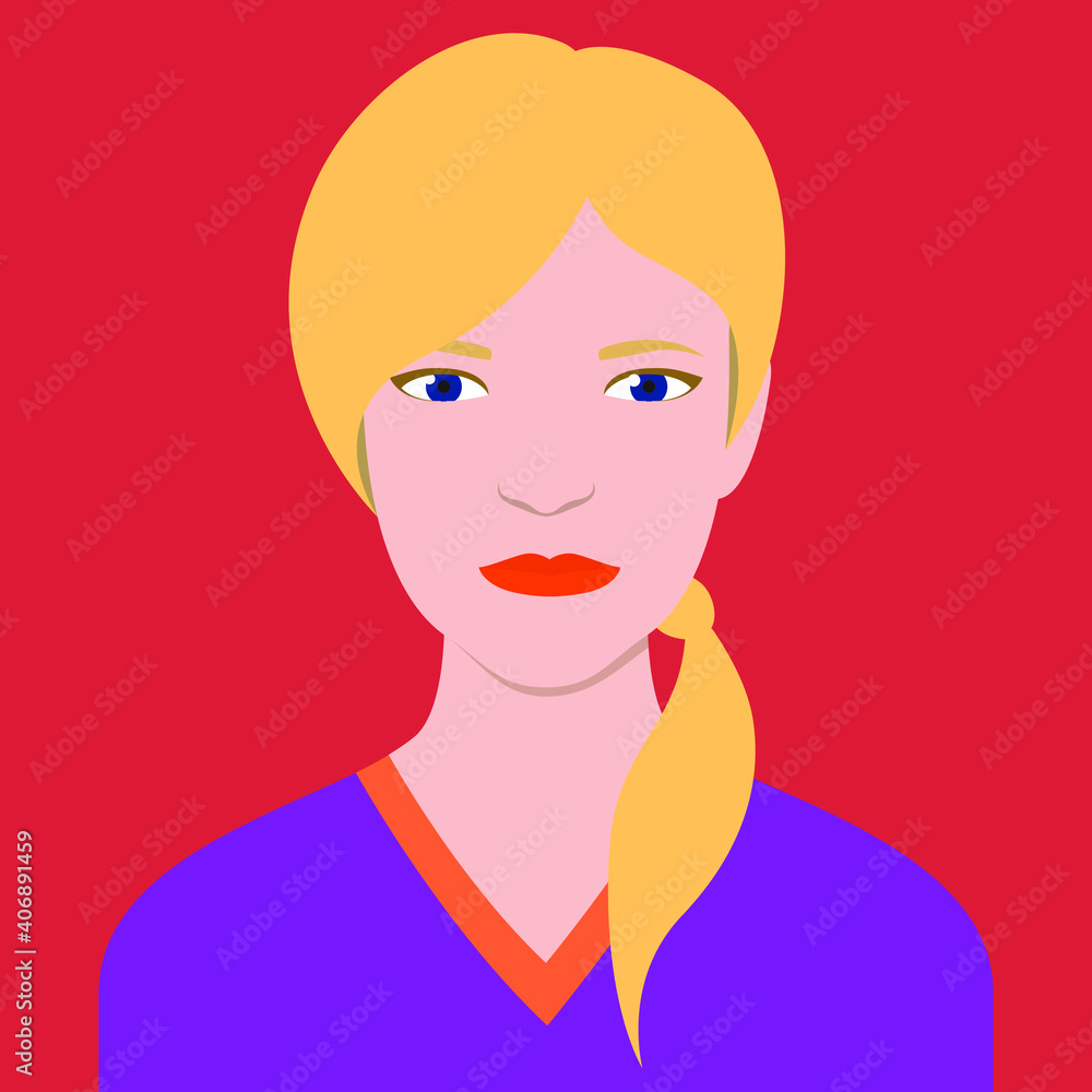 Long hair oman standing alone in front of red background. Long hair oman standing alone in front of red background.