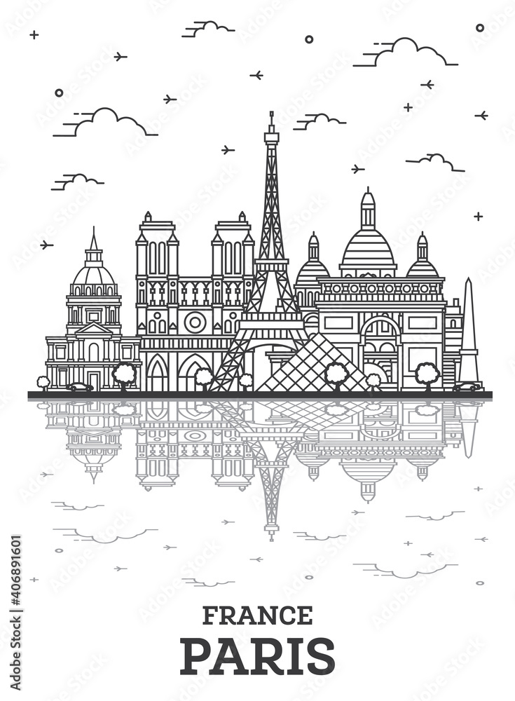 Outline Paris France City Skyline with Historic Buildings and Reflections Isolated on White. Outline Paris France City Skyline with Historic Buildings and Reflections Isolated on White.