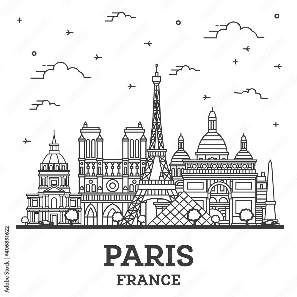 Outline Paris France City Skyline with Historic Buildings Isolated on White. Outline Paris France City Skyline with Historic Buildings Isolated on White.