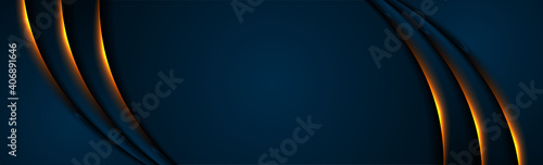 Futuristic blue technology abstract background with orange neon glowing waves. Vector banner design