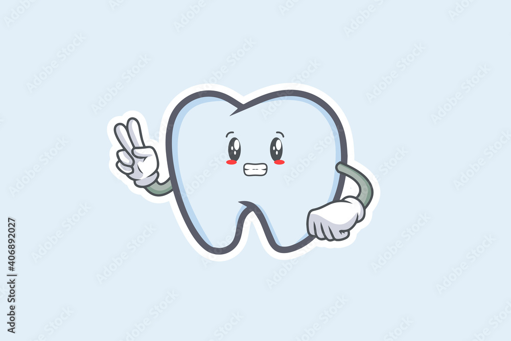 ANXIOUS, ANXIOUSLY, ANXIOUSNESS Face Emotion. Peace Hand Gesture. Tooth Cartoon Drawing Mascot Illustration.