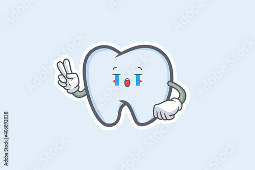 CRYING, SAD, SOB, CRY Face Emotion. Peace Hand Gesture. Tooth Cartoon Drawing Mascot Illustration.