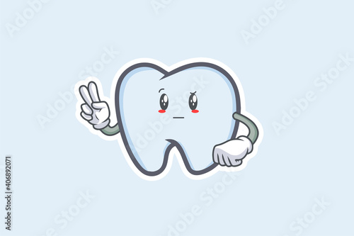 REALLY, ATTENTIVE, CURIOS Face Emotion. Peace Hand Gesture. Tooth Cartoon Drawing Mascot Illustration.