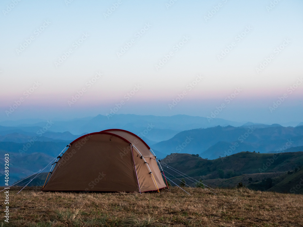 One camping tent on the mountain with beautiful scenery