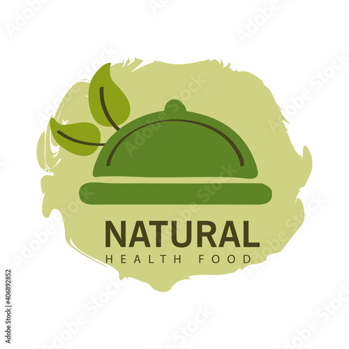 natural health food, label with leaves on white background