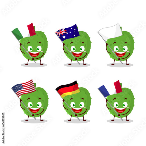 Soursop cartoon character bring the flags of various countries