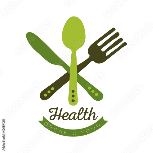 health organic food, label with fork, knife and spoon on white background