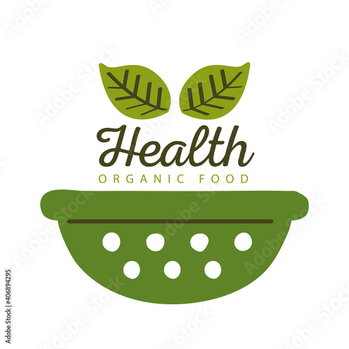 health organic food, label with bowl and leaves on white background