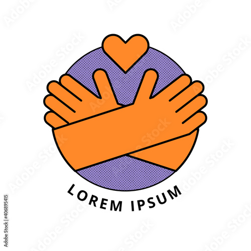 Logo depicting a hug with hands and a heart on a round background.