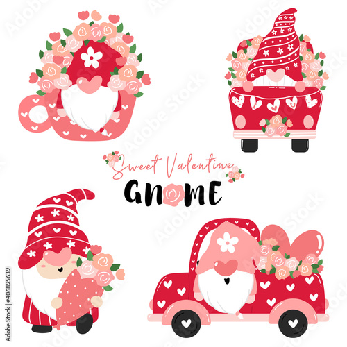 Sweet Valentine Gnome in pink with flowers collection, Valentine cartoon flat vector, valentine clipart set.