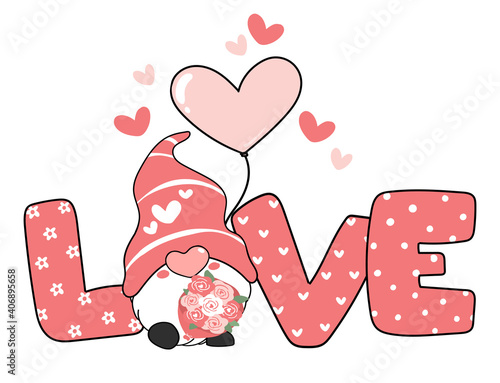 Valentine Gnome with LOVE letter and heart balloon, pink valentine gnome cartoon vector doodle