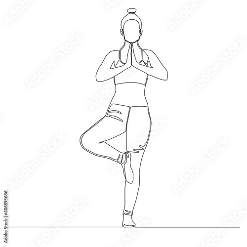 Continuous line of woman doing Yoga in tree pose vector. Vrikshasana Pose.