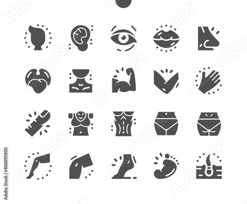 Body parts. Anatomy. Health care. Plastic face surgery. Medical. Body sculpting system. Head, ear, eye, lips, nose, tongue, leg, knee, foot and other. Vector Solid Icons. Simple Pictogram