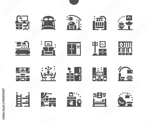 Home room types. Interior design. Kitchen, living room, laundry room, bedroom, childrens room, bathroom, workplace, home office, wardrobe. Vector Solid Icons. Simple Pictogram