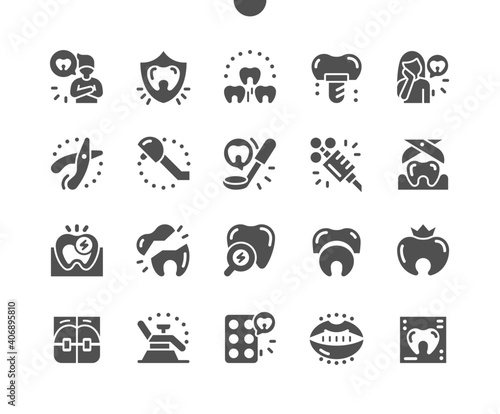 Dentist. Protection teeth. Medical. Good teeth. Removal tooth. Pain reliever syringe. Dental, doctor, clinic, care, medicine and healthcare. Vector Solid Icons. Simple Pictogram