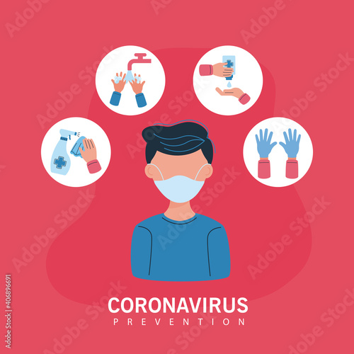 man using medical mask and icons of covid19 prevention
