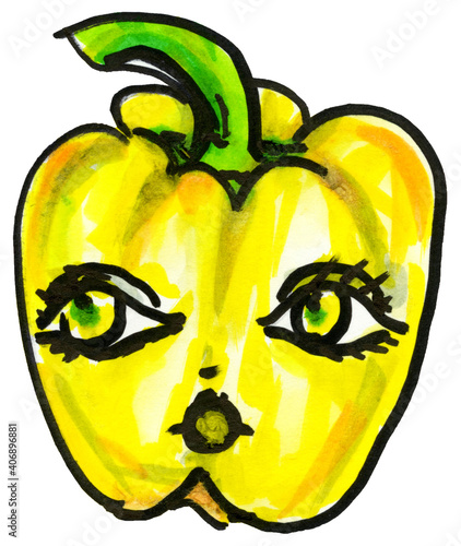 Whimsical Big Eyed Yellow Bell Pepper Illustration photo