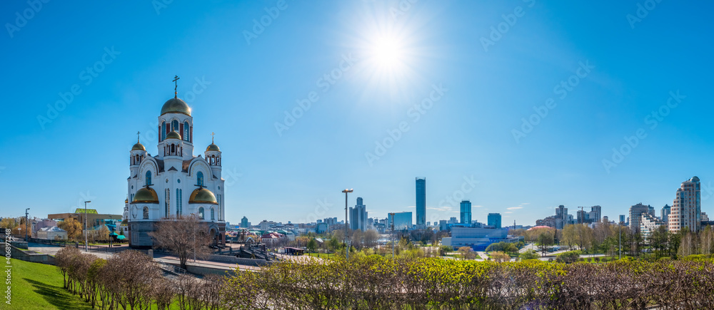 Temple in clear spring day. Panorama of spring Yekaterinburg. Temple on Blood, Yekaterinburg, Russia