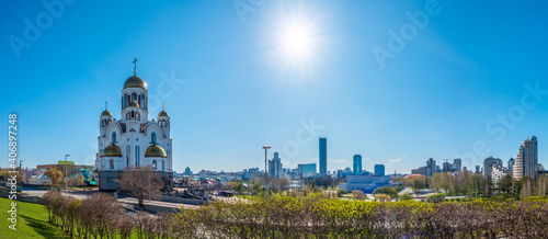Temple in clear spring day. Panorama of spring Yekaterinburg. Temple on Blood, Yekaterinburg, Russia