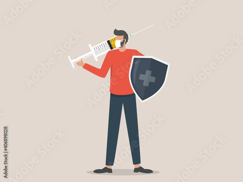  a man wearing a face mask holds a shield and injects the coronavirus vaccine, time to vaccinate concept