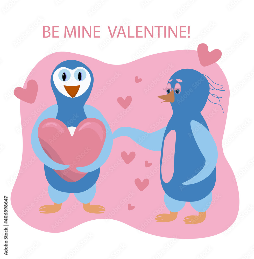 Obraz premium Couple Penguins Children Vector Illustration Valentine's Day Pink Background Hearts Girl Boy Blank Print Web Design Greeting Card February 14