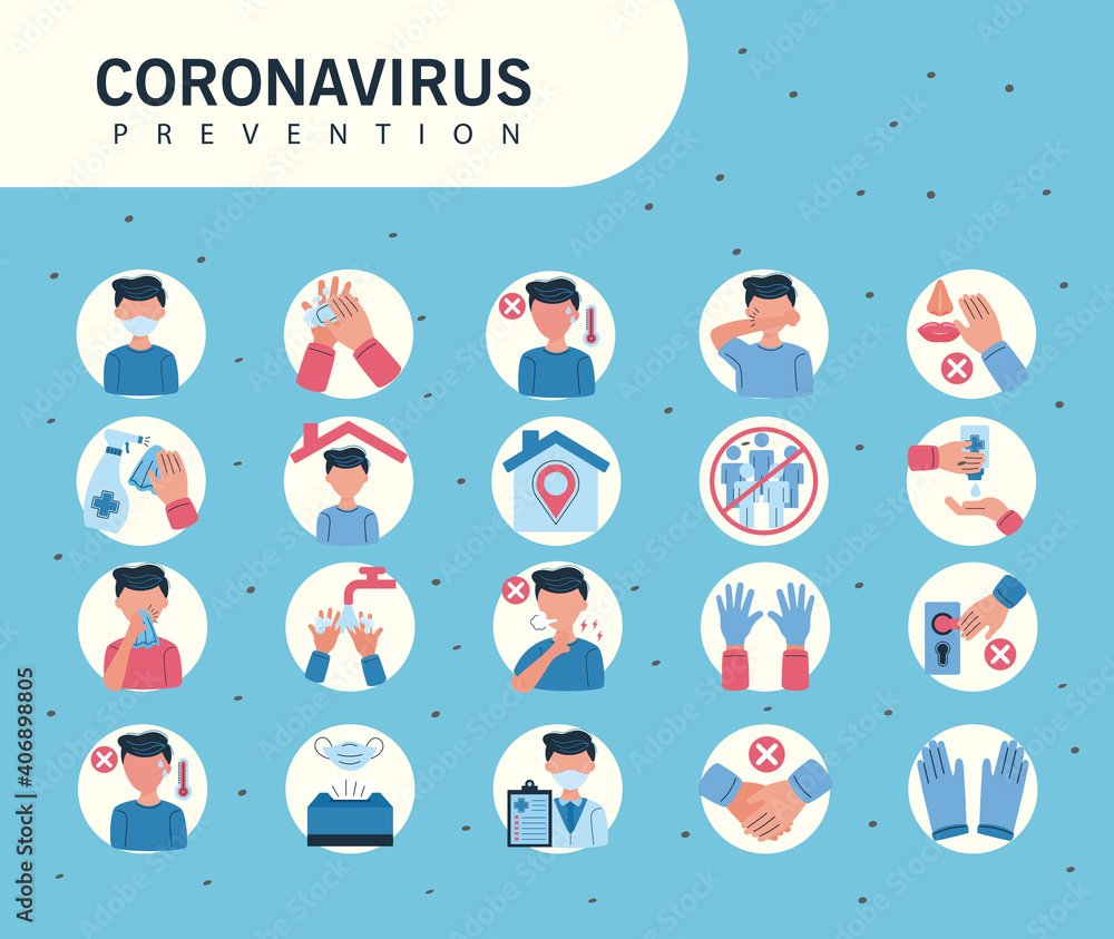 icons informative of covid19 prevention over blue background