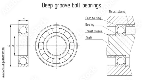 Deep groove ball bearing. General drawing and installation diagram. Vector technical sketch.