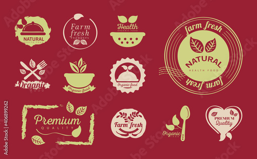 organic food, set labels and badges on red background