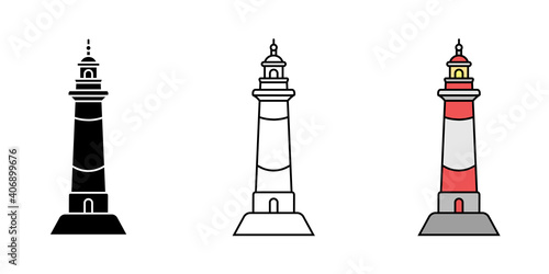 Set of simple flat minimalism lighthouses in three variations. Vector illustration
