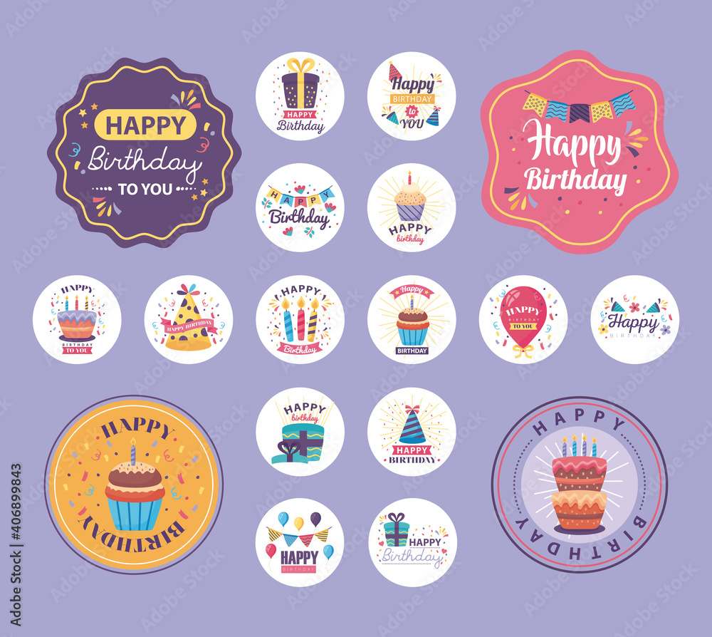 bundle of badges happy birthday with cute decoration