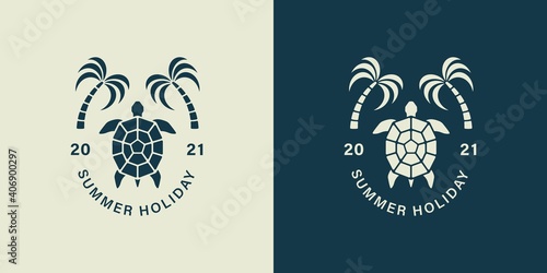 Set of color illustrations turtle, palm tree, text on the background. Vector illustration for emblem, flyer, sticker, label and print. Summer vacation advertisement. Symbols of rest on the seaside.
