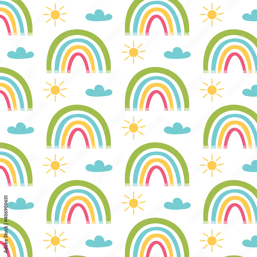 Fototapeta Colorful rainbow pattern with sun and clouds. Kids nursery. Hand drawn design for wallpaper, fabric, wrapping, apparel. Baby shower. Vector illustration with white background