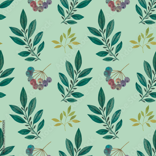 Seamless watercolor pattern, composition of green leaves and branches.Suitable for wrappers, wallpapers, postcards, greeting cards, prints, wrapping paper, textiles.