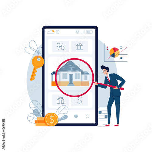 Property valuation online concept. Real estate appraiser doing property inspection. Assessment of the value of the house, home appraisal for banner, web, emailing. Flat design vector illustration
