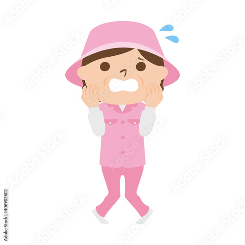 ゴルフ場で働く女性キャディのイラスト。女性は何かに慌てている。