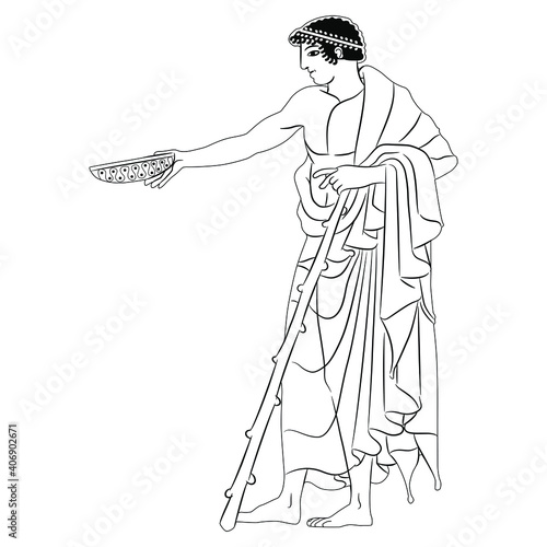 Standing ancient Greek young man holding bowl. Vase painting style. Black and white linear silhouette.