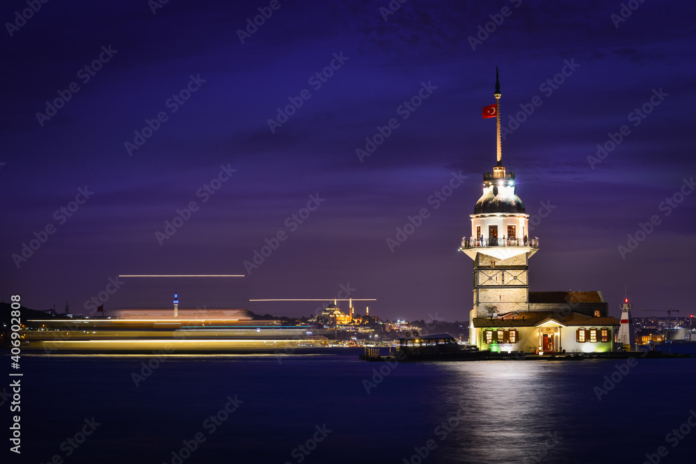 Historical Maiden's Tower or Kiz Kulesi at night with motion blur boats - Istanbul, Turkey.
Historical Maiden's Tower or Kiz Kulesi at night with motion blur boats - Istanbul, Turkey.