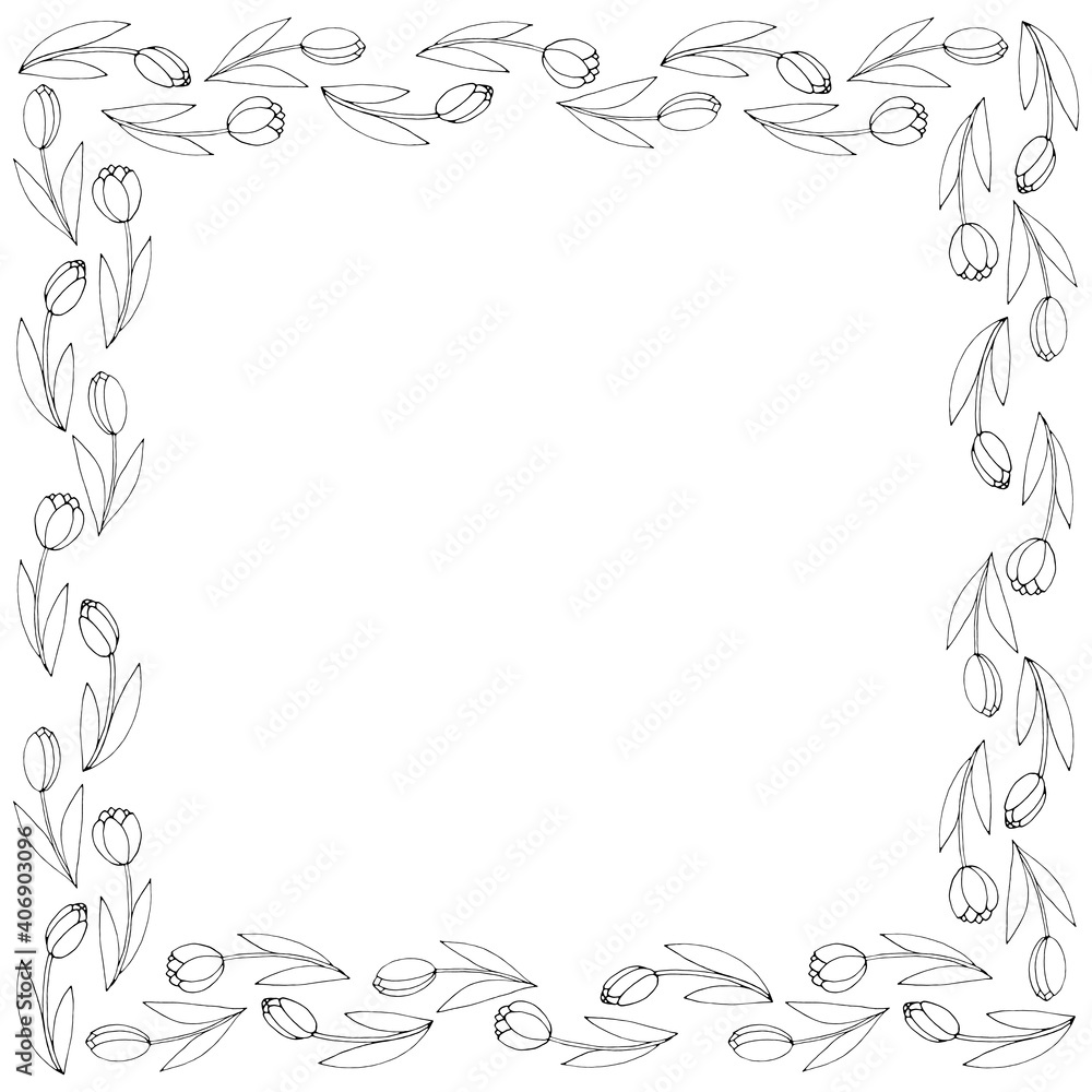 Vector square frame from outline tulips. Spring flowers. Hand drawn doodle isolated. Background, border, decoration for greeting card, coloring pages, Valentine's, Women's or Mother day