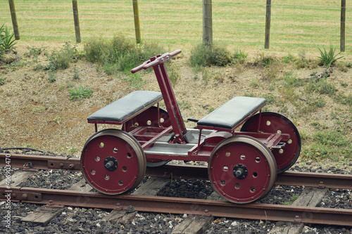 View of empty handcar on railroad tracks at Glenbrook Vintage Railway