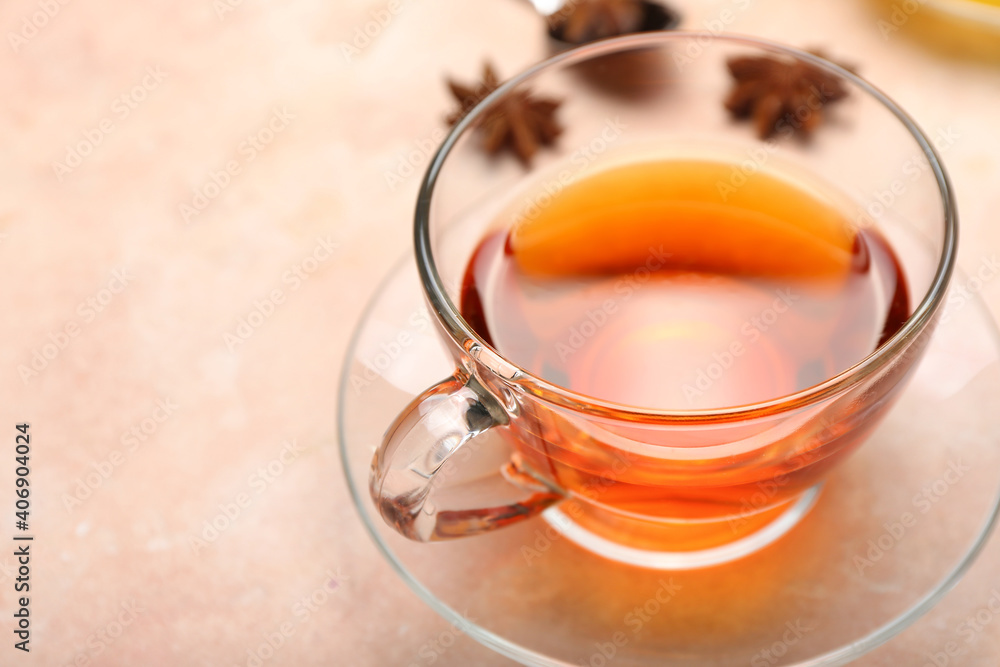 Cup of hot aromatic tea on light background Cup of hot aromatic tea on light background