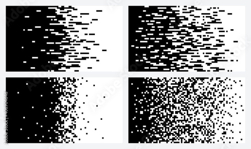 Pixel gradient. Smooth transition from black to white. Random arrangement of black and white squares. Halftone vector texture.